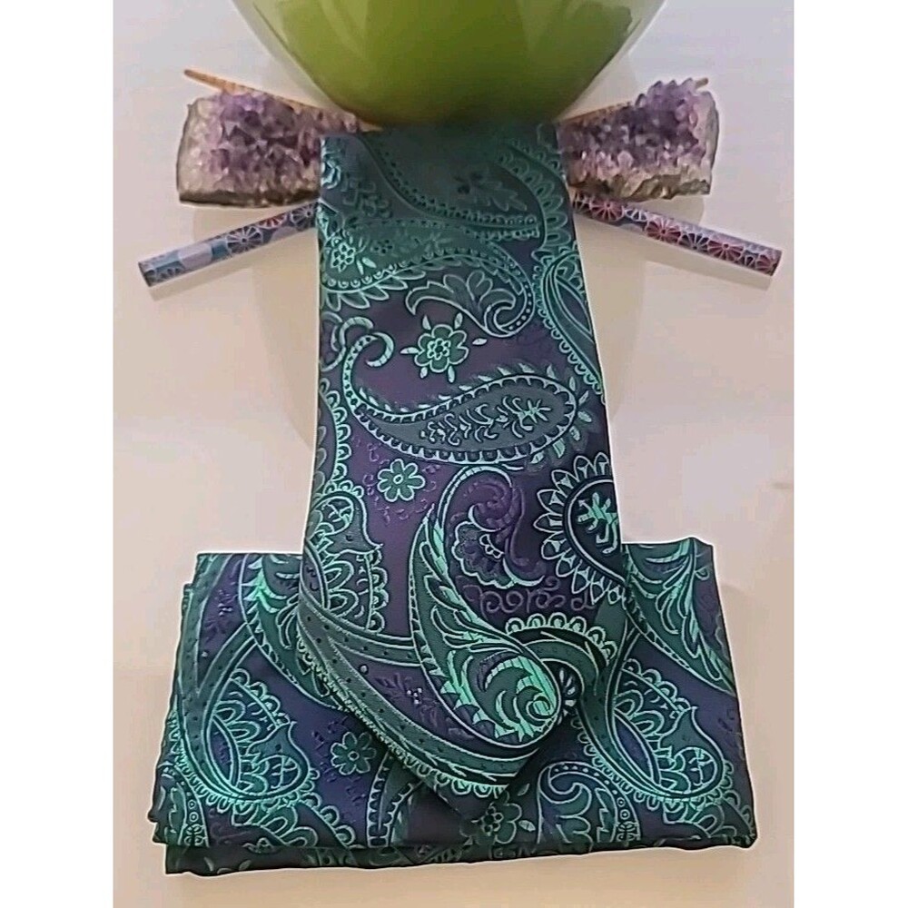 Hisdern Paisley Necktie w/ matching Kerchief Wedding Church Prom Green & Navy